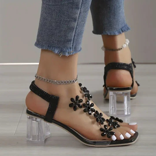 Kristina™ Bloem Strass Blokhak Sandalen