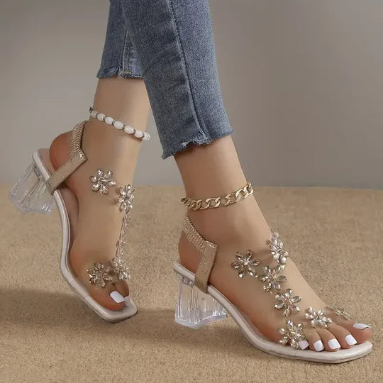 Kristina™ Bloem Strass Blokhak Sandalen