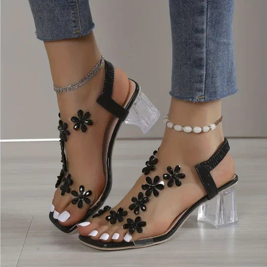 Kristina™ Bloem Strass Blokhak Sandalen