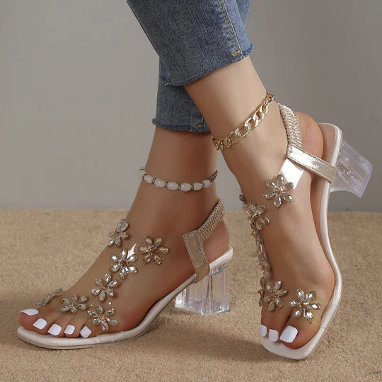 Kristina™ Bloem Strass Blokhak Sandalen