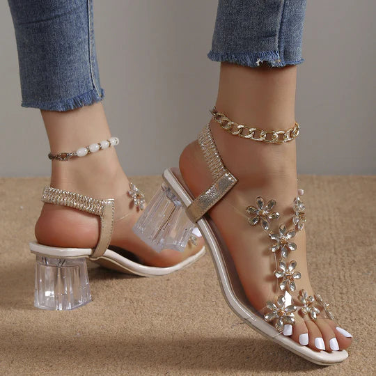 Kristina™ Bloem Strass Blokhak Sandalen